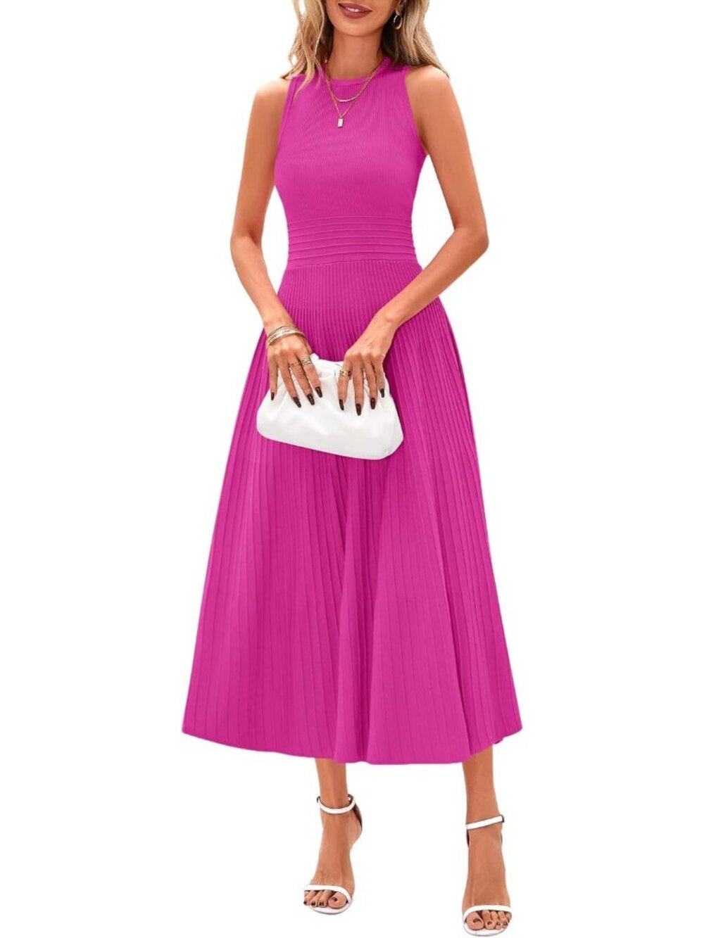 Women's Rose Sleeveless Pleated Midi Dress Formal Long Dress For Wedding